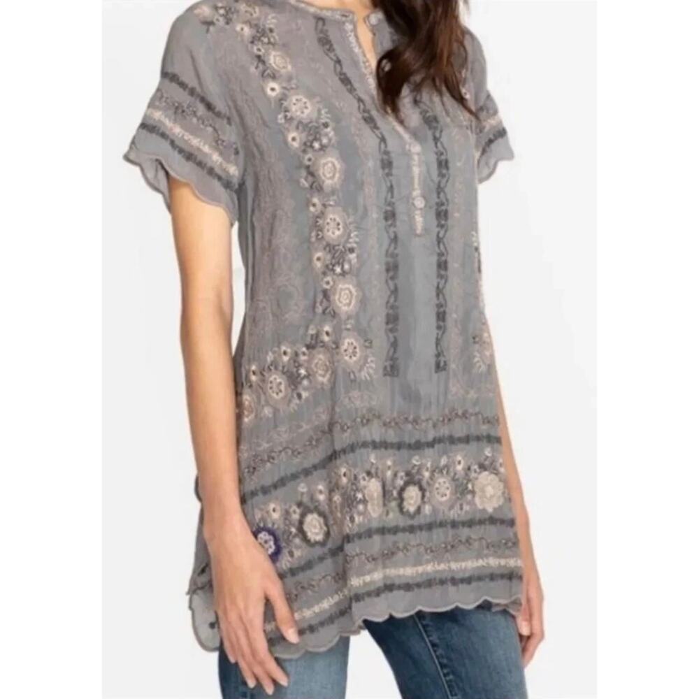 NWT Johnny Was Kones Tunic Embroidered Blouse Top Gray Size Small Floral Boho